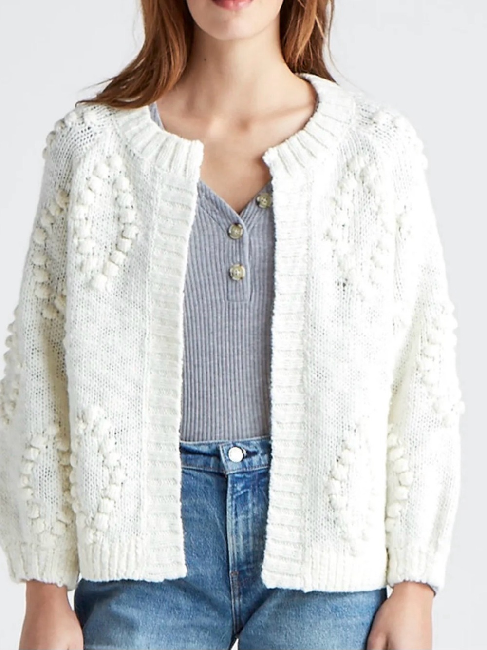 Lucky Brand Open-Front Bobble Knit Cardigan - White